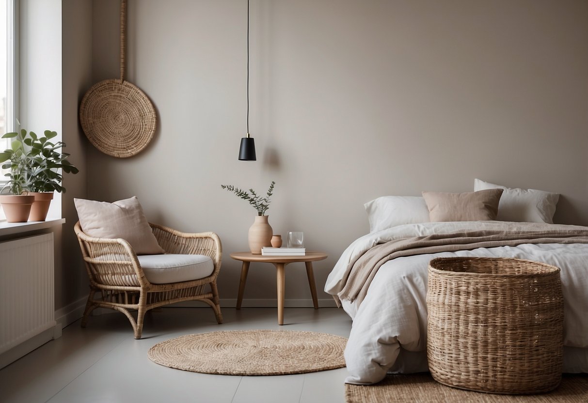 Ein minimalistisches Schlafzimmer mit einer Korb-Aufbewahrung in der Ecke. Klare Linien, neutrale Farben und schlichtes Dekor schaffen eine ruhige Atmosphäre