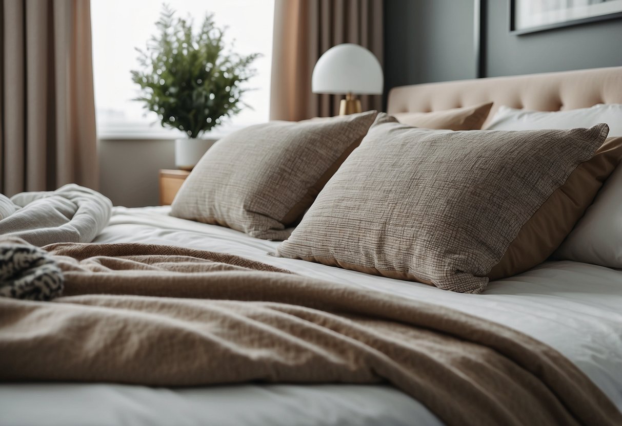 Ein minimalistisches Schlafzimmer mit auffälligen Kissen auf dem Bett. Klare Linien und neutrale Farben schaffen eine ruhige Atmosphäre