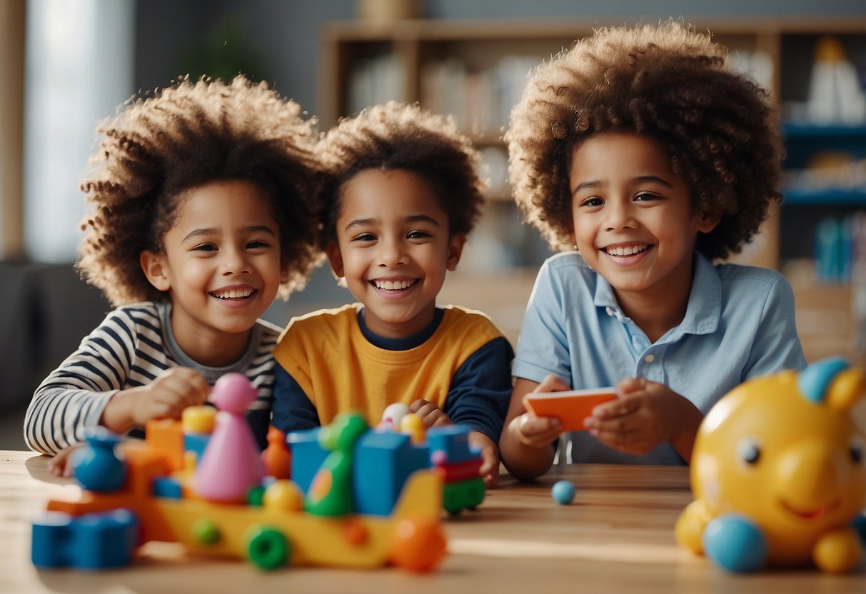 Children of various backgrounds playing and learning together, sharing toys and books. Smiling faces and open communication show respect for diversity