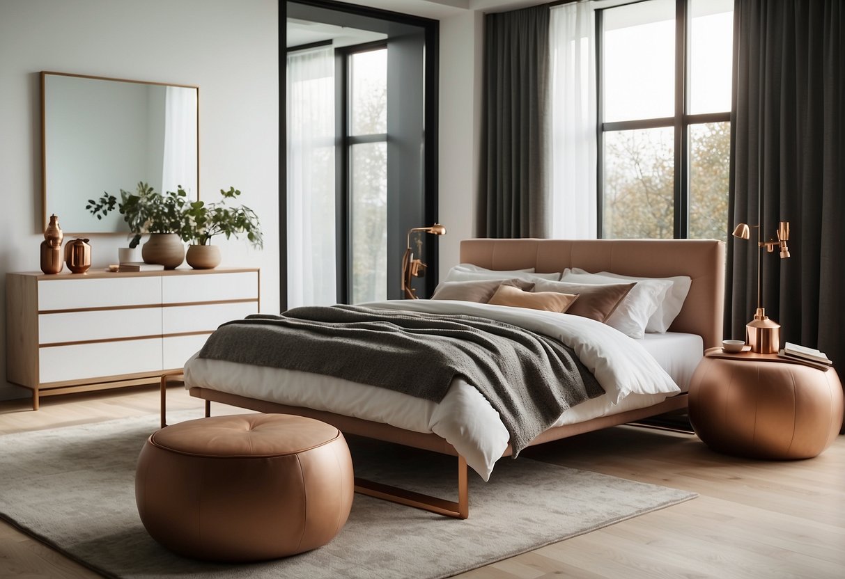 Ein sauberes, modernes Schlafzimmer mit Kupferaccessoires. Minimalistisches Design mit schlichten Möbeln und neutralen Farben