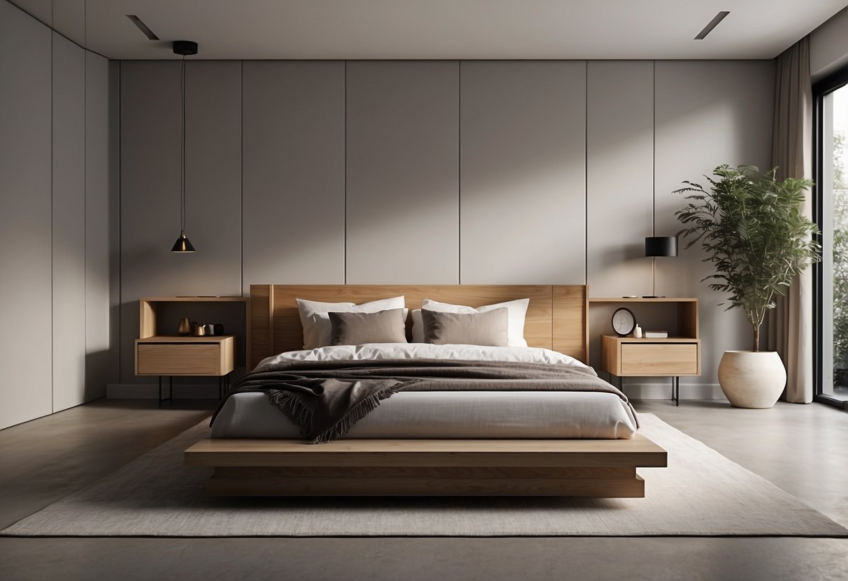 Ein minimalistisches Schlafzimmer mit einfachen, sauber und aufgeräumt angeordneten Möbeln, neutralen Farben und klaren Linien