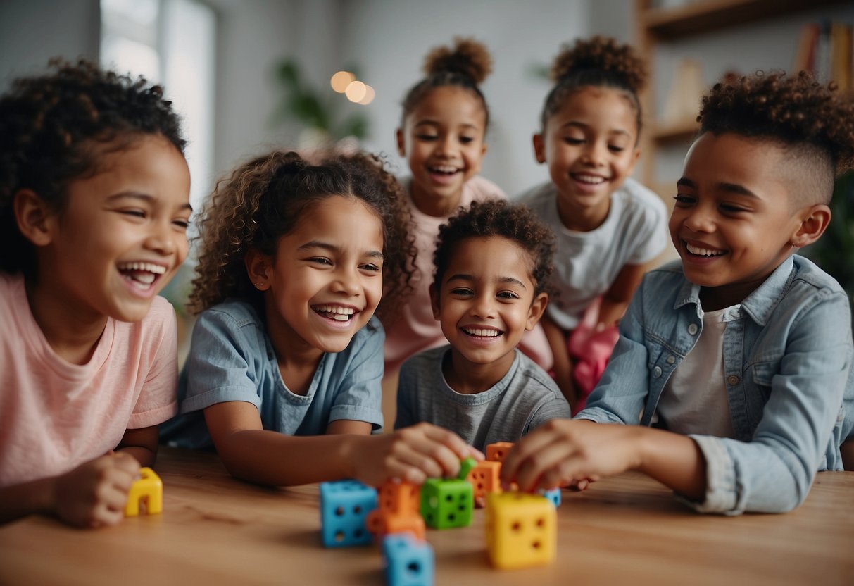 A diverse group of children playing together, sharing toys and including everyone in their games. They are smiling and laughing, showing kindness and empathy towards each other