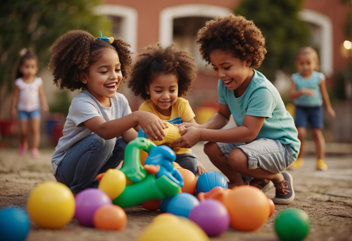 A diverse group of children playing together, sharing toys and taking turns. One child is helping another who fell down, while others cheer them on