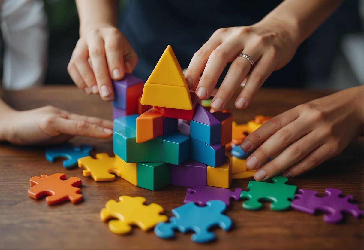 A group of diverse shapes and colors working together on a puzzle, building a tower, or playing a game, demonstrating teamwork and inclusivity