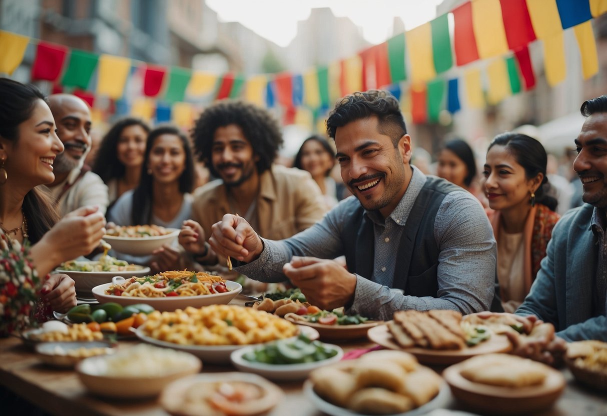 A diverse group of people celebrating cultural holidays together, sharing food, music, and traditions. Flags and decorations from various cultures adorn the space