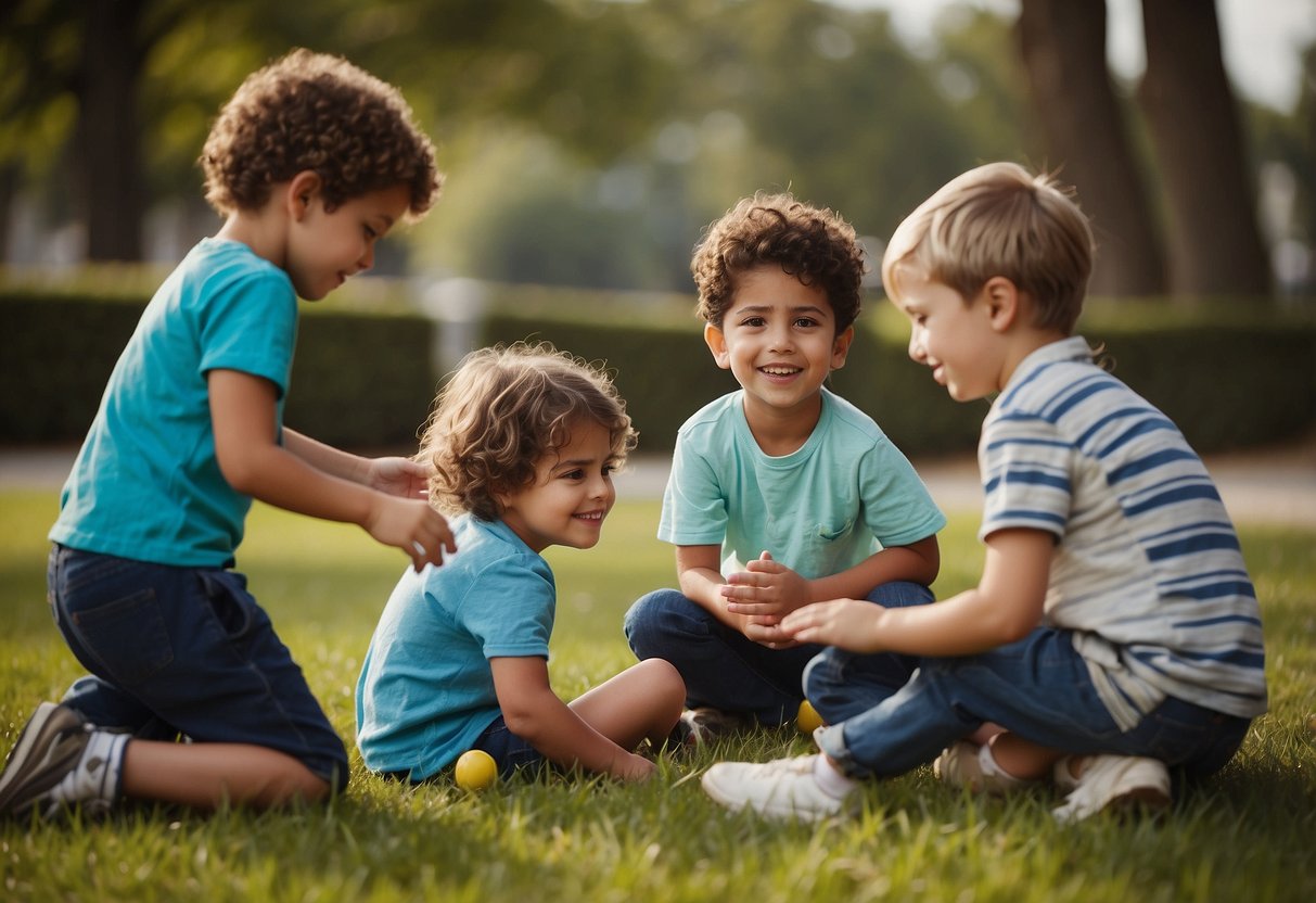 Children playing together, one child is being excluded by a group of others. An adult intervenes and addresses the exclusion, encouraging the group to include the left-out child in their activities