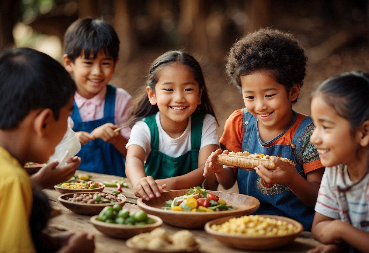 Children sharing traditional foods, dancing to diverse music, making crafts from different cultures, reading global stories, learning new languages, playing international games, exploring cultural artifacts, and celebrating diverse holidays