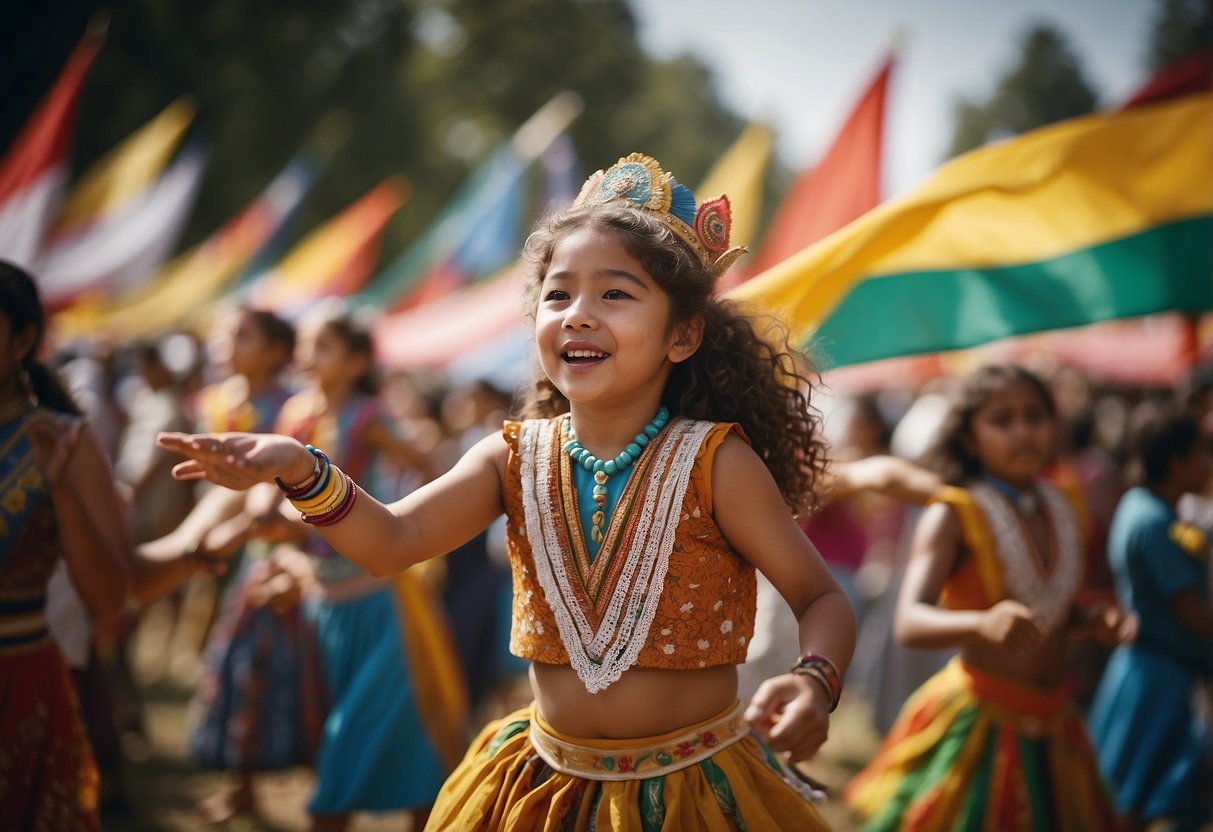 People of different cultures dance, sing, and share food at a festival. Flags from around the world decorate the area. Children play games and make crafts representing different cultures