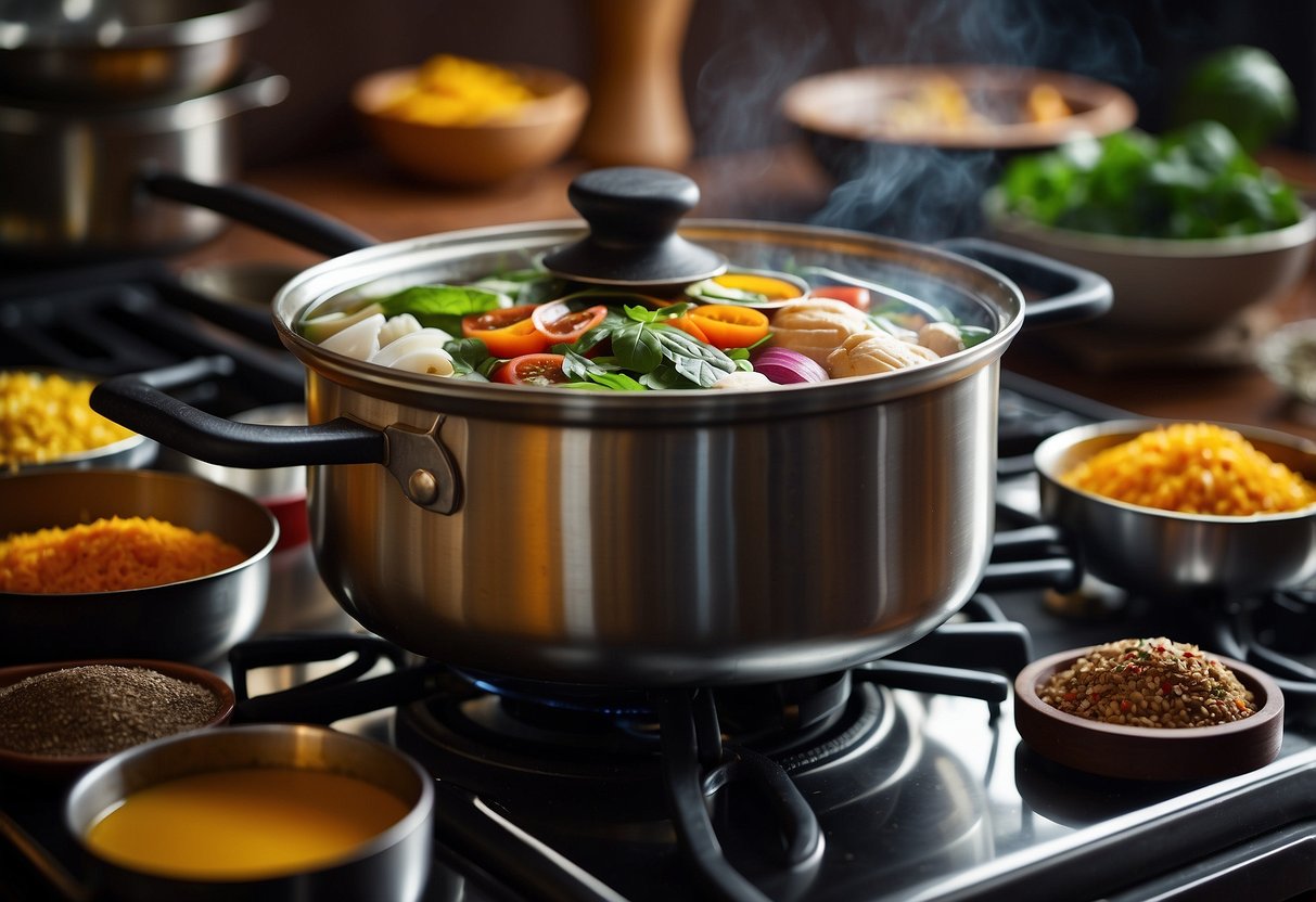 A pot bubbling on a stove, filled with colorful ingredients from another country. Surrounding it are various cooking utensils and spices, each with unique labels and designs