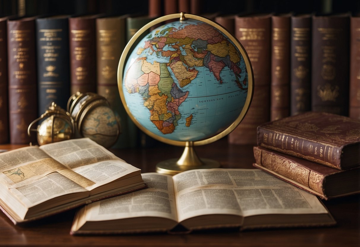 Books from various cultures surround a globe. Flags and artifacts decorate the shelves. A map and passport sit nearby, inviting exploration