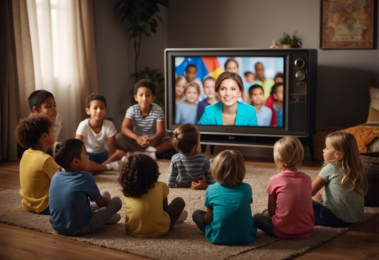 A group of diverse children sit around a TV, watching foreign films with subtitles. The room is decorated with flags from different countries, and the children are engaged and curious about the different cultures depicted in the movies