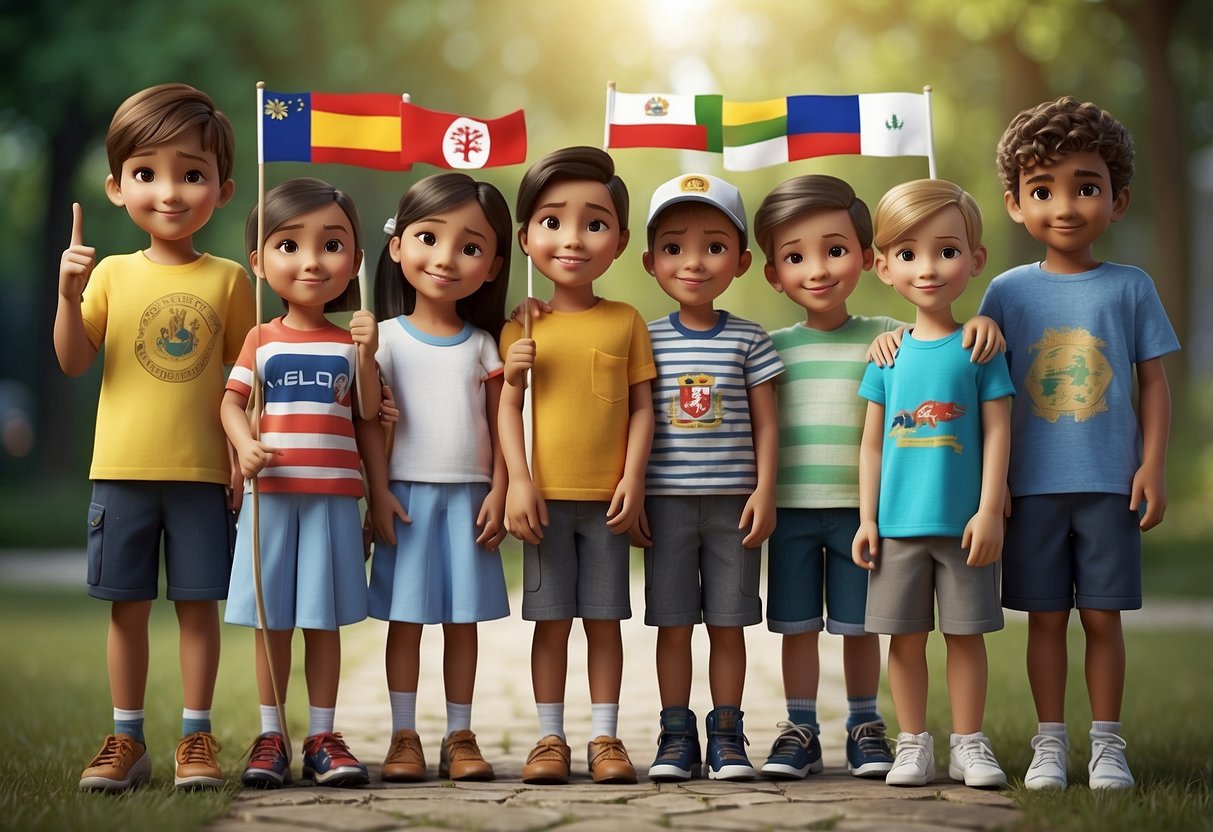 Children saying "hello" in different languages, flags of different countries, cultural symbols, and diverse landscapes in the background