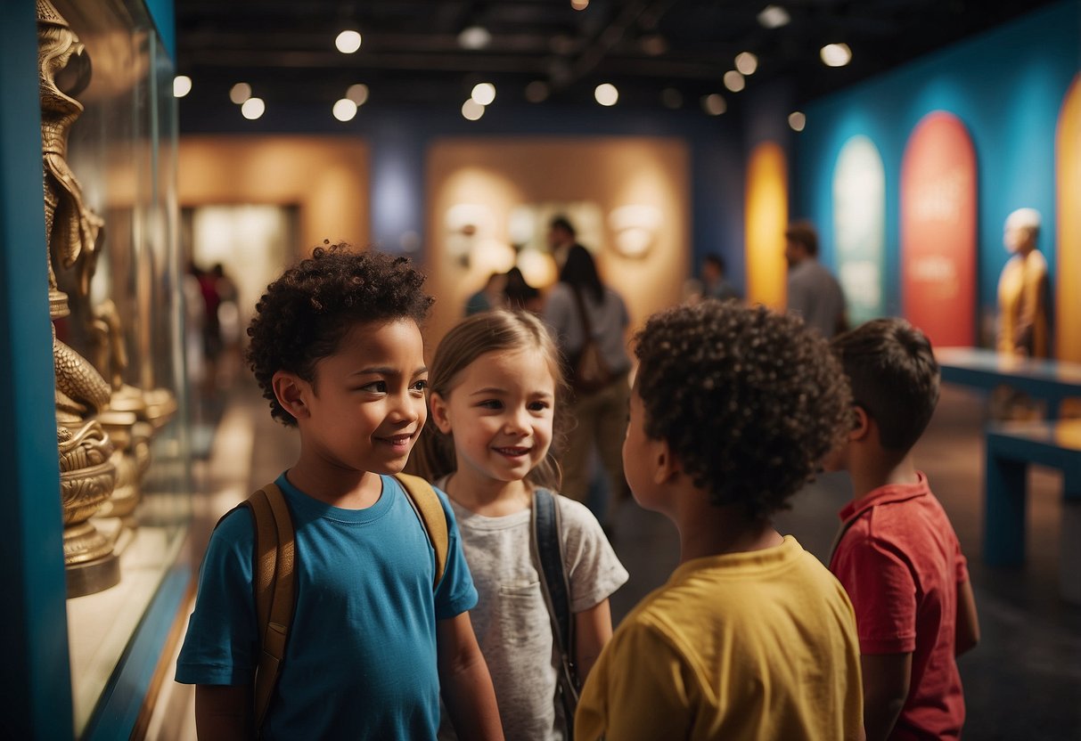 A diverse group of children explore exhibits from different cultures, admiring artifacts and learning about traditions. The museum is filled with colorful displays and interactive activities