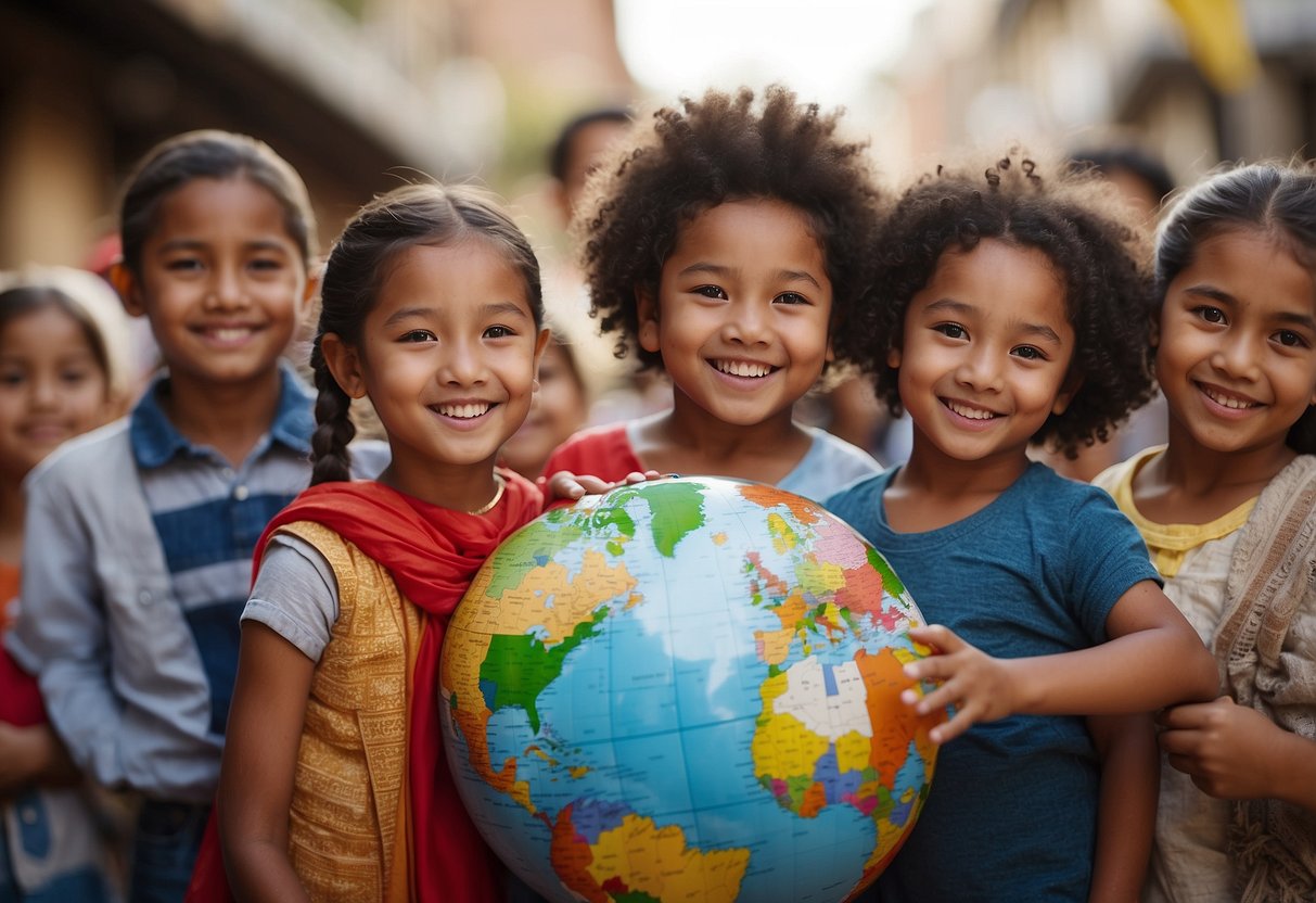 Children from different cultures gather around a globe, holding flags from their countries. They smile and exchange cultural items, like food and traditional clothing