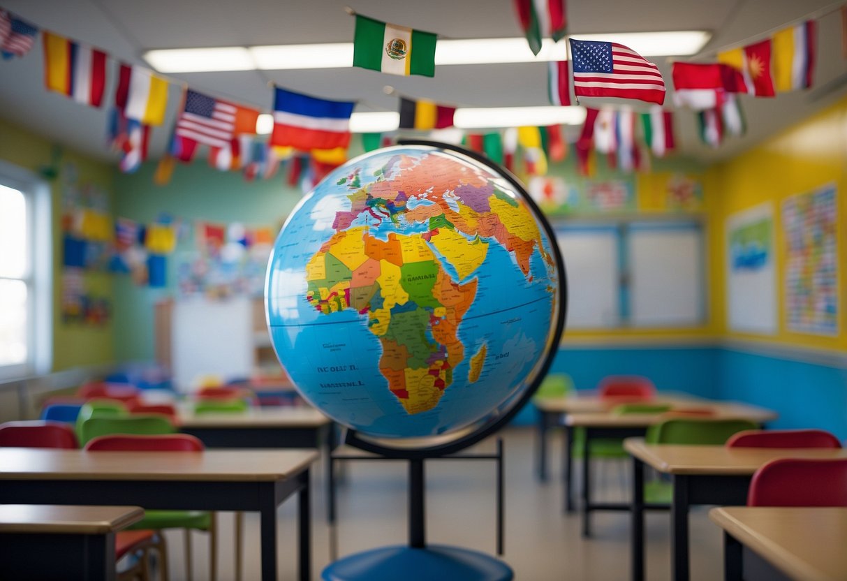 A classroom with diverse flags hanging on the walls, children's artwork representing different cultures, and a globe at the center of the room