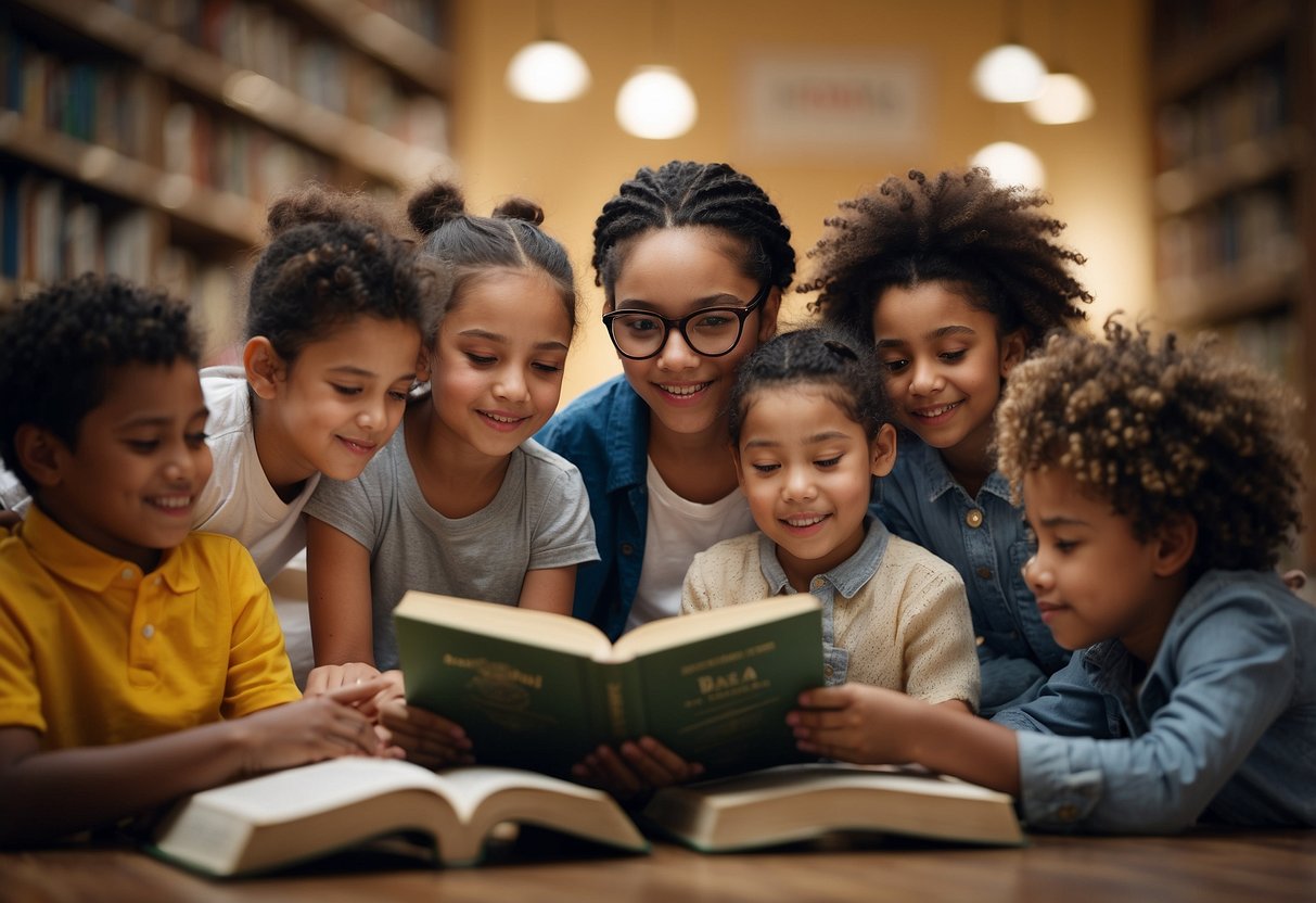 A diverse group of children reading books together, each book depicting different cultures and traditions, emphasizing the importance of respecting diversity