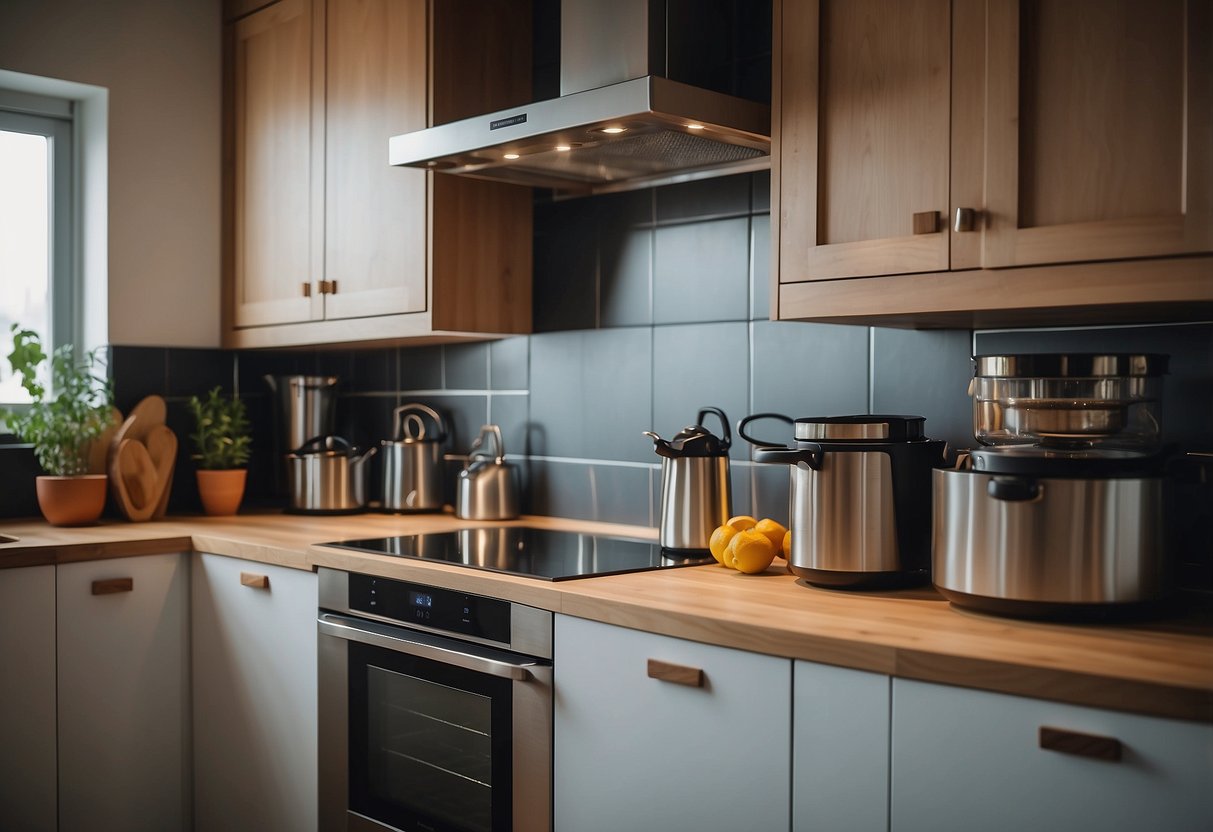 A kitchen with energy-efficient appliances, baking with minimal energy usage