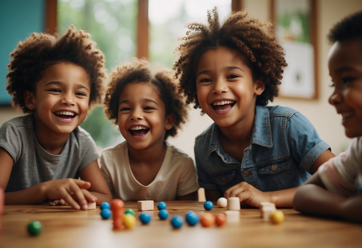 A diverse group of children playing games together, including a mix of races, genders, and abilities. They are laughing and having fun, showing inclusivity in their social circle