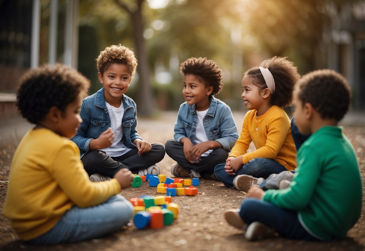 A diverse group of children sit in a circle, facing each other. They are engaged in conversation, using open body language and making eye contact. A variety of toys and games are scattered around them, representing their inclusive and welcoming environment