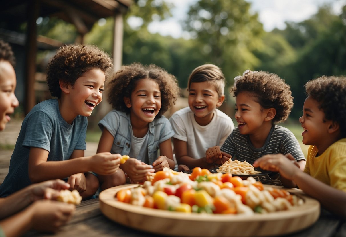 A diverse group of children playing games from different cultures, sharing food, and laughing together in a welcoming and inclusive environment