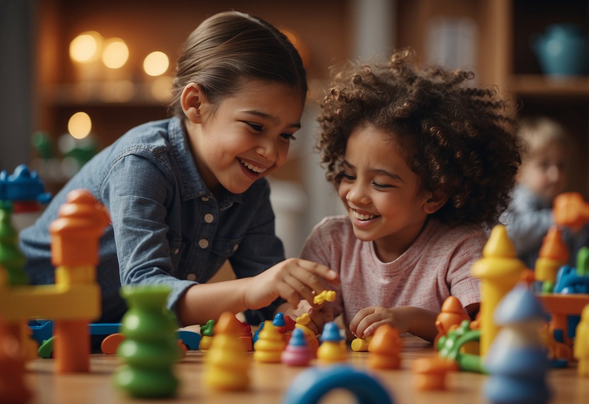 Children of various ages and backgrounds engage in play together, using inclusive toys and games. A diverse group interacts with respect and kindness