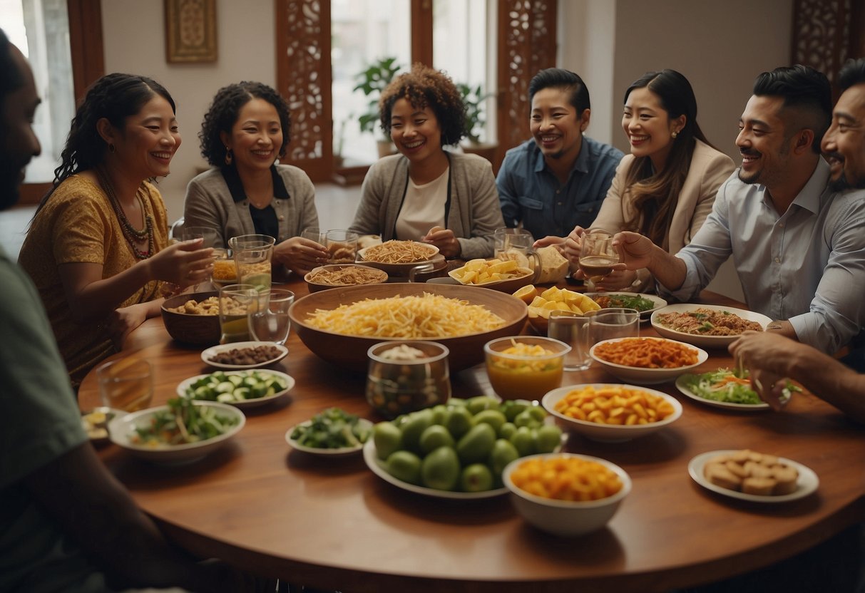 A diverse group of people from different cultures gather around a table, sharing traditional foods and engaging in lively conversation. Decorations from various countries adorn the room, symbolizing the celebration of cultural differences