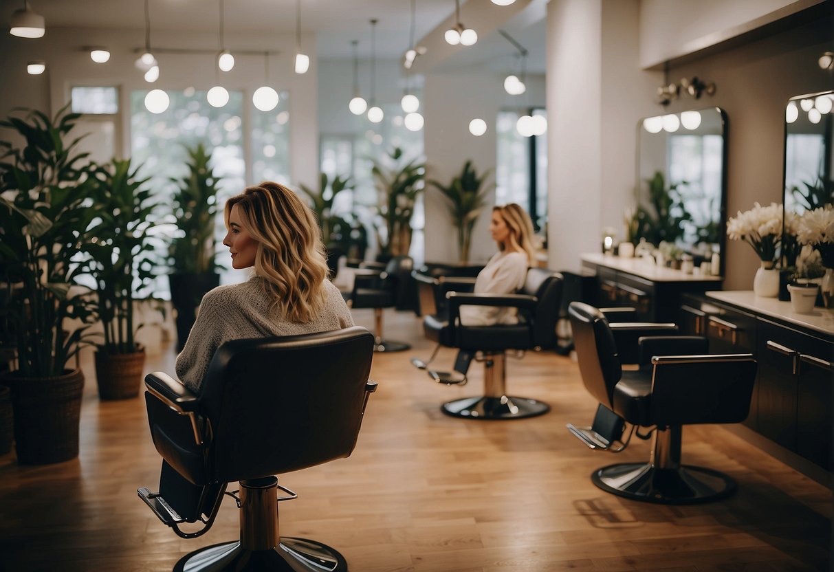 A hairstylist sits at a salon station, surrounded by calming decor. They take a break to practice deep breathing and stretching exercises, with a focus on self-care and balance