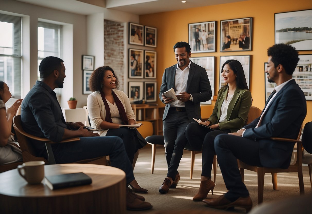 Various individuals from different cultural backgrounds engage in conversation, displaying open body language and attentive expressions. Books and artwork representing diverse cultures adorn the walls