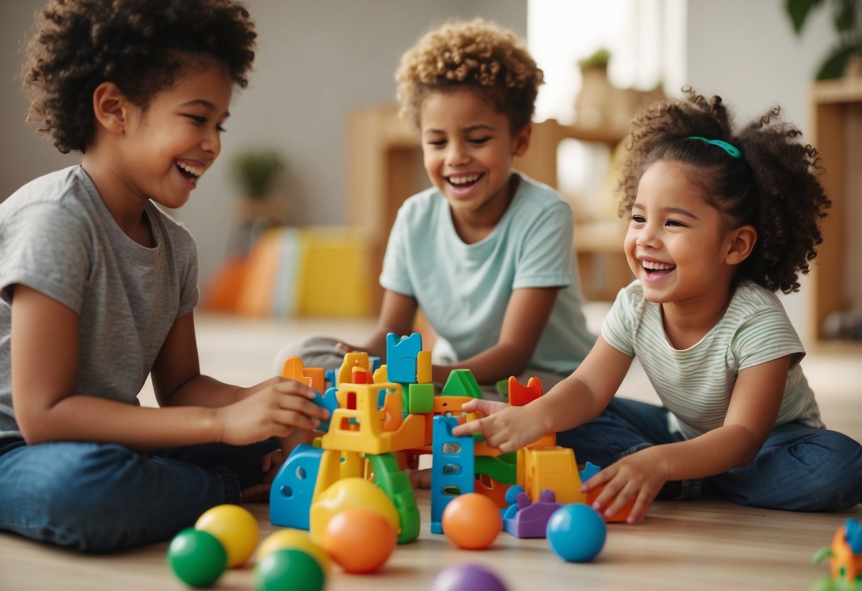 Children playing in a diverse group, laughing and sharing toys. Different skin colors, hairstyles, and clothing are visible. A variety of activities, such as drawing, playing ball, and reading, are happening simultaneously