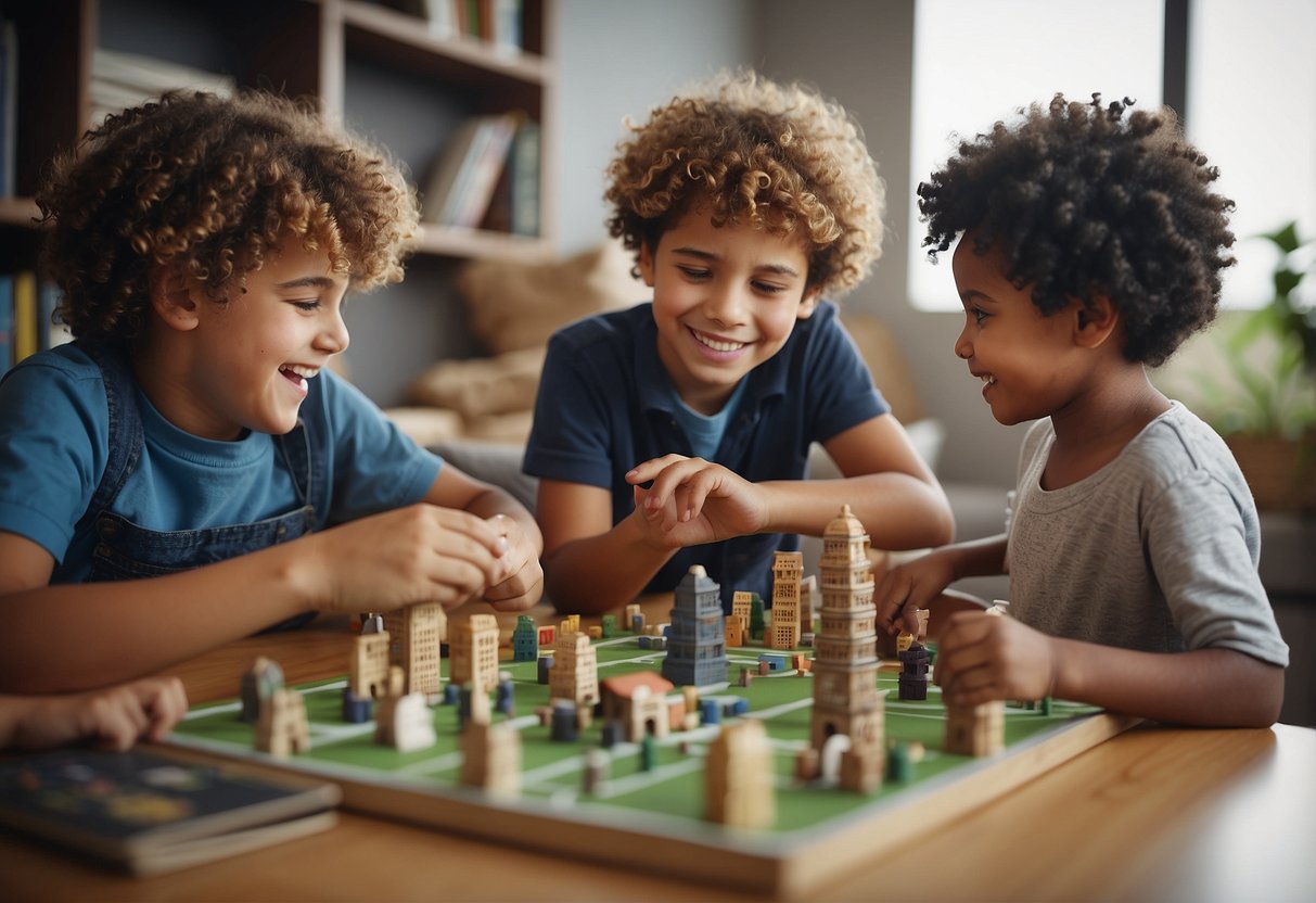 Children playing games, reading books, and doing art together in a diverse group setting, showing inclusion and friendship building