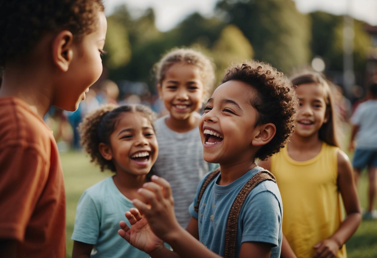 A group of children from different cultural backgrounds play together at a community event. They are laughing and having fun, showing the importance of diverse friendships