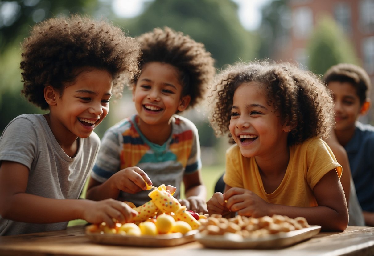 Children of various ethnicities playing together, sharing toys and snacks. They are laughing and having fun while including each other in games and conversations