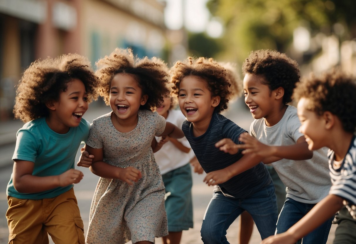 A diverse group of children playing and laughing together, representing different cultures and backgrounds. They are engaged in various activities, showing unity and friendship