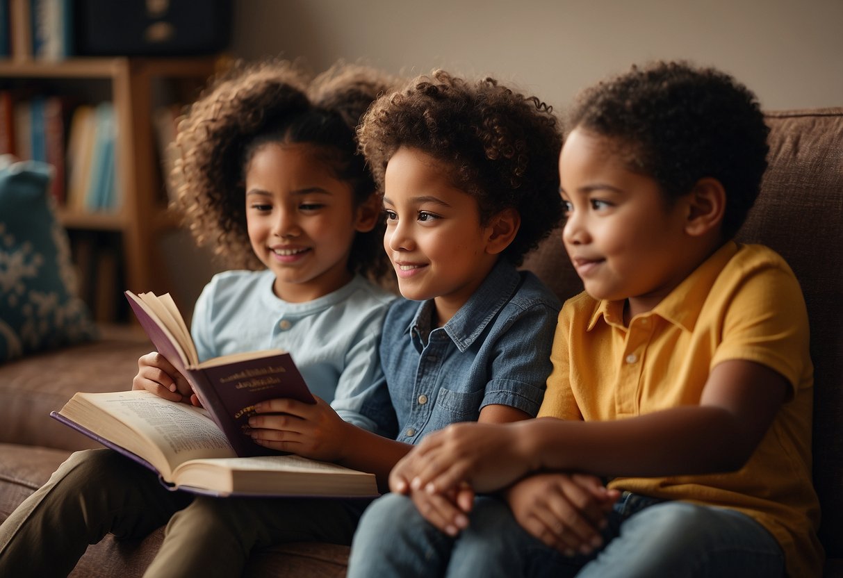 Children of different ethnicities sitting together, reading various books. One child points to a book, while another listens attentively. Books with diverse characters are scattered around them