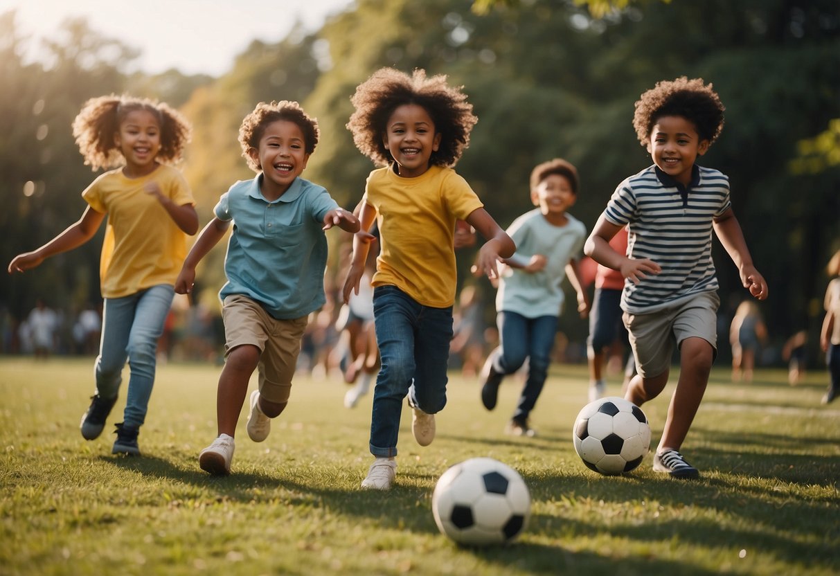 A group of children of various ethnicities playing together in a park, sharing toys and laughing. Some are kicking a soccer ball, while others are playing tag. The scene is filled with joy and diversity