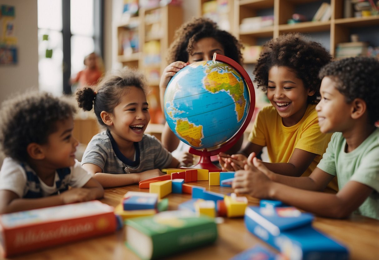 Children of various ethnicities playing together, sharing toys, and laughing. Books with diverse characters are scattered around the room. A globe sits on the shelf, surrounded by flags from different countries