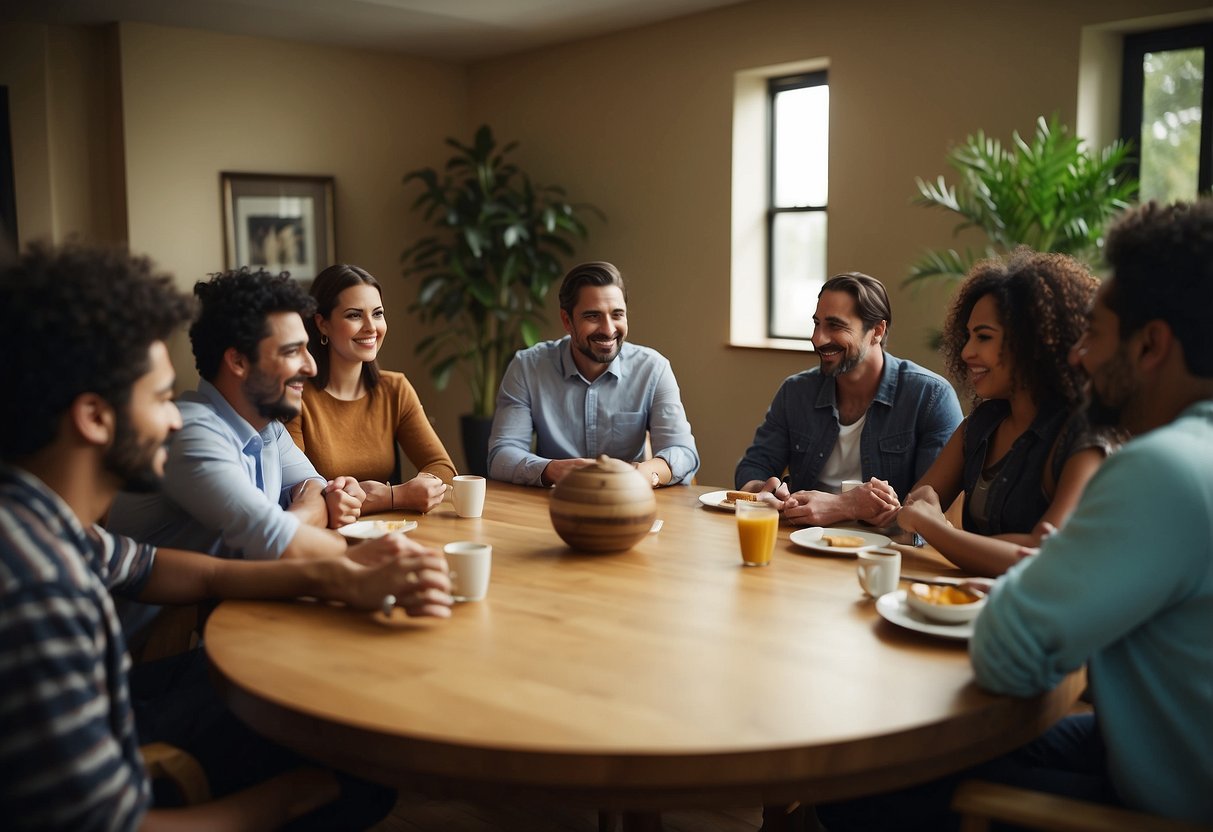 A group of diverse objects gather around a table, representing different backgrounds. They are engaged in a lively conversation, showing mutual respect and appreciation for each other's differences