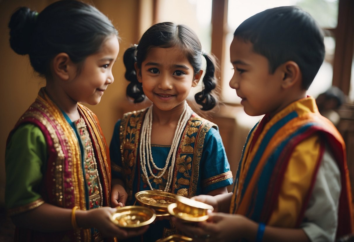 Children exchanging cultural items, wearing traditional clothing. Displaying open-mindedness, curiosity, and respect towards different cultures. Embracing diversity through art, music, and food