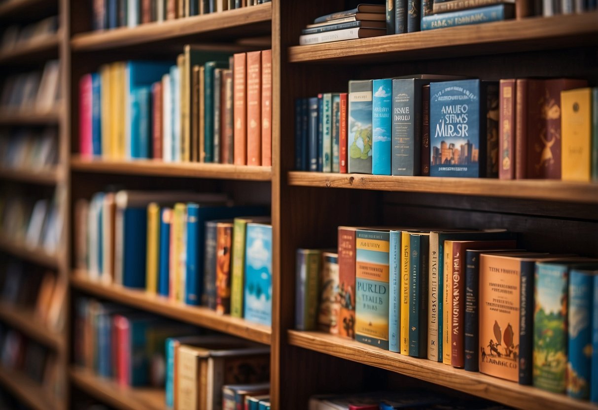 A child's bookshelf with diverse language books, a world map, and multicultural artwork on the walls