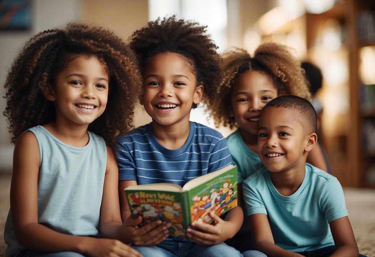 A diverse group of children sharing toys, books, and art, with smiles and laughter, showing empathy and understanding