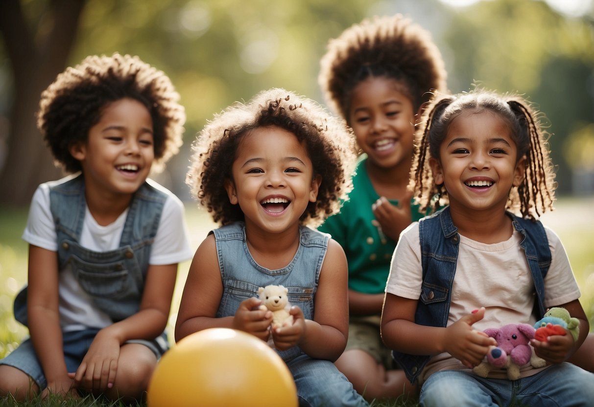 A diverse group of children playing together, sharing toys and laughing. Different skin colors, clothing styles, and hair textures are represented