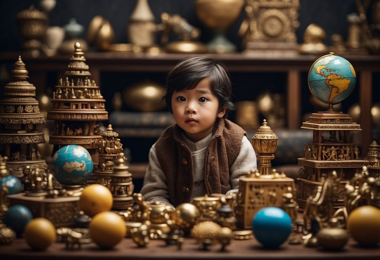 A child surrounded by diverse cultural objects and symbols, asking questions and showing curiosity about different cultures