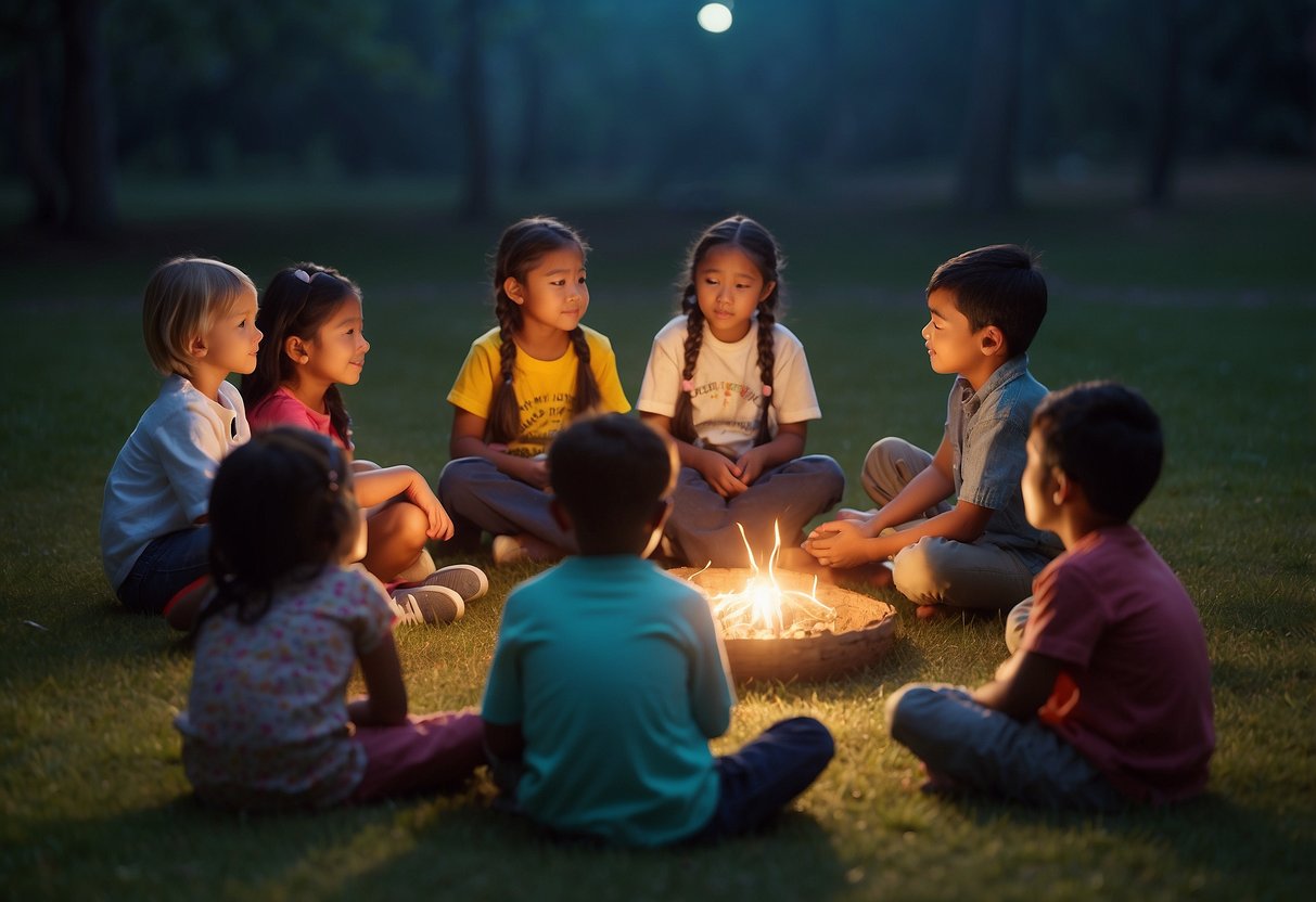 Children sit in a circle, listening intently as a storyteller shares tales from various cultures. Symbols of different traditions surround them, sparking curiosity and appreciation for diversity