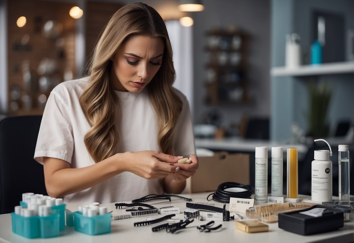 A person holding a hair extension and looking at it with a puzzled expression, while surrounded by allergy testing kits and alternative hair accessories