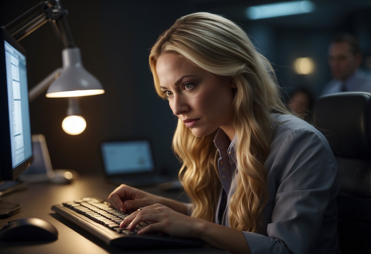 A person sitting at a desk, looking at a computer screen with a puzzled expression. A strand of hair extension is held up for inspection