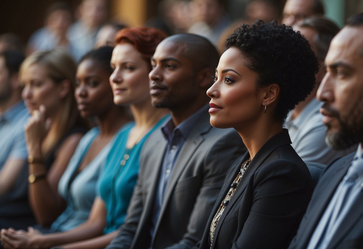 A group of diverse individuals engage in attentive, nonverbal communication, demonstrating empathy and understanding. The focus is on the speaker, with listeners displaying open body language and eye contact