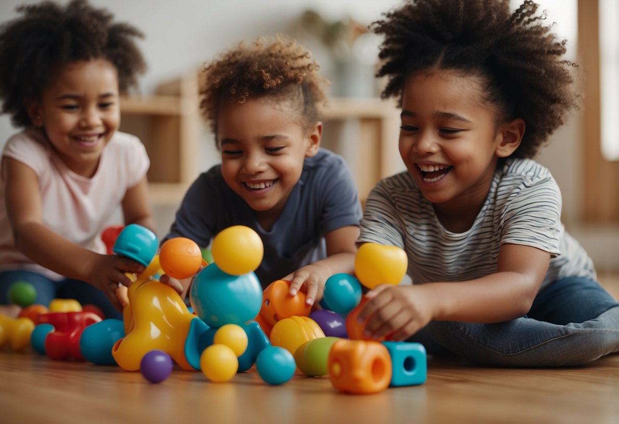 A diverse group of children playing together, sharing toys and taking turns. One child helps another who falls, while others cheer them on