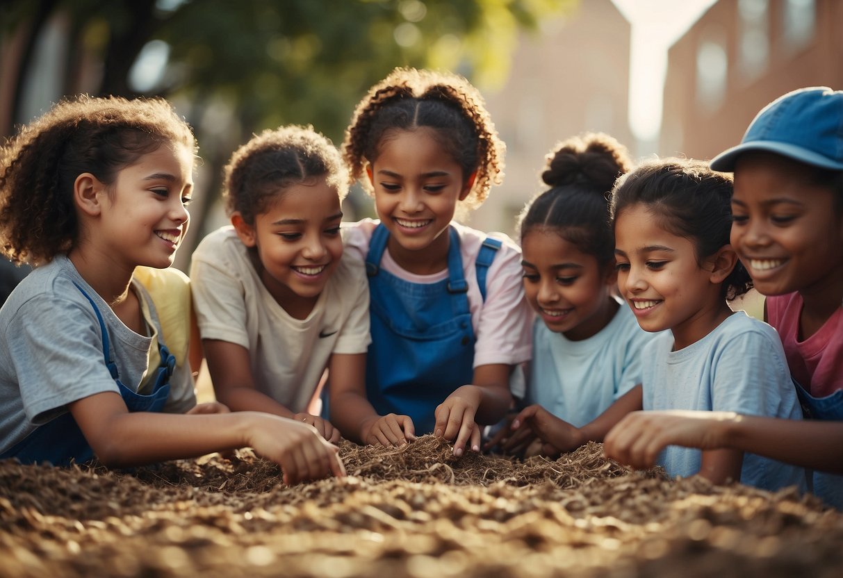 A group of diverse children working together on a community service project, showing empathy and respect for all individuals