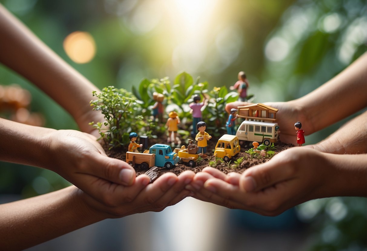 A group of diverse objects, such as books, toys, and plants, arranged in a circle with a child's hand reaching out to each one, symbolizing inclusivity and value of every individual