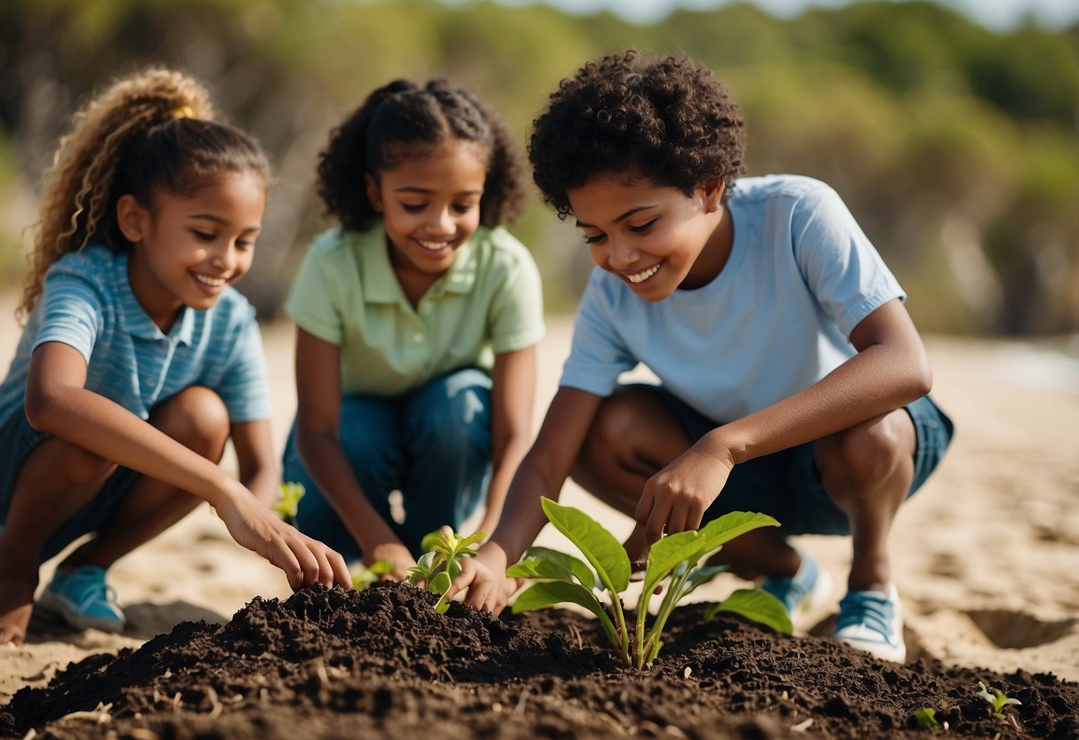 A diverse group of children planting trees, cleaning up a beach, and learning about different cultures through books and art